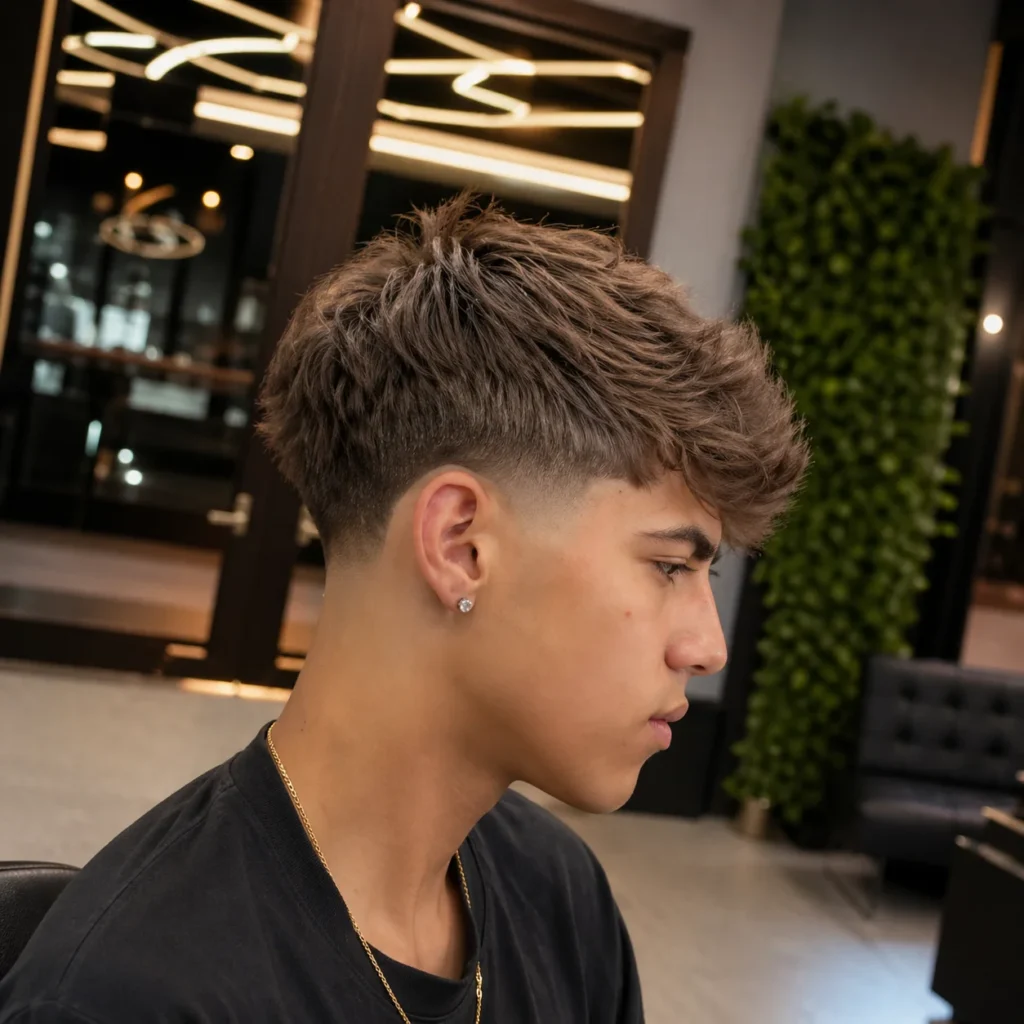 Potongan rambut textured crop dengan low skin fade dan volume alami di bagian atas, tampilan profil samping seorang pria muda dalam setting barbershop modern, inspirasi gaya rambut fade pria yang trendi dan stylish.