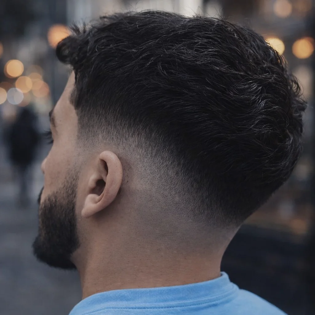 Pandangan sisi dekat seorang lelaki dengan potongan rambut low fade moden, menampilkan sisi yang diblend dengan kemas dan rambut kerinting bertekstur di bahagian atas, menunjukkan gaya barber yang bersih dan profesional.