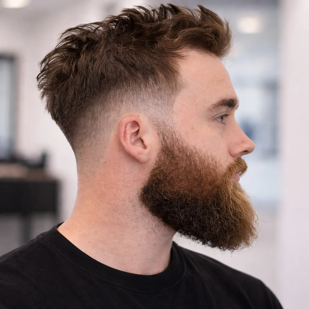 Potongan rambut low fade dengan bagian atas bertekstur berantakan dan janggut penuh untuk pria, sisi skin fade yang rapi serta gaya rambut modern dan stylish di suasana barbershop.
