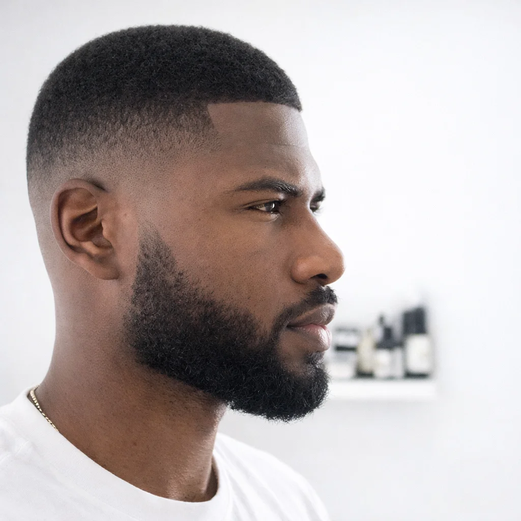 Potongan rambut mid bald fade untuk pria dengan skin fade yang rapi serta garis janggut yang tajam, gaya rambut pria modern dan stylish dengan latar belakang blur.
