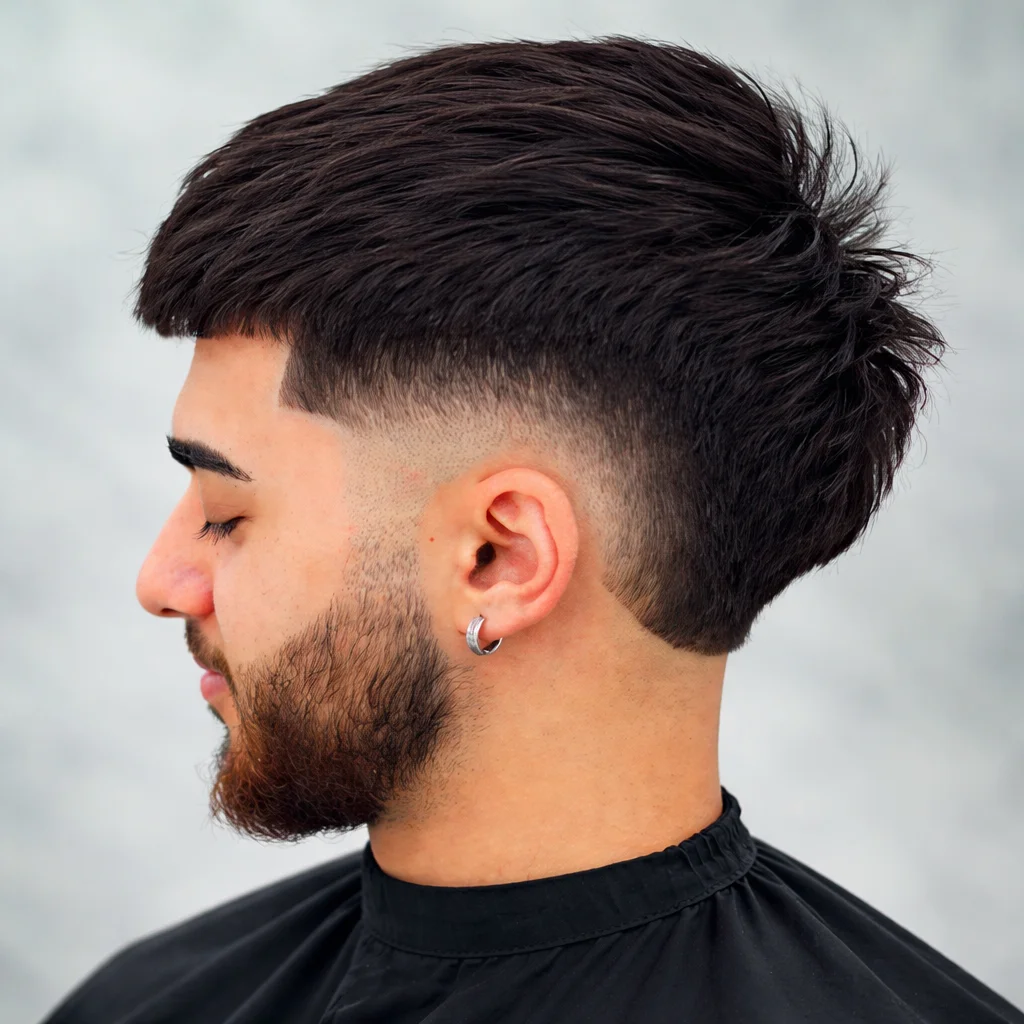 Potongan rambut burst fade modern dengan bagian atas bertekstur berantakan dan taper yang rapi, tampilan profil samping dengan janggut, ditata di suasana barbershop profesional.
