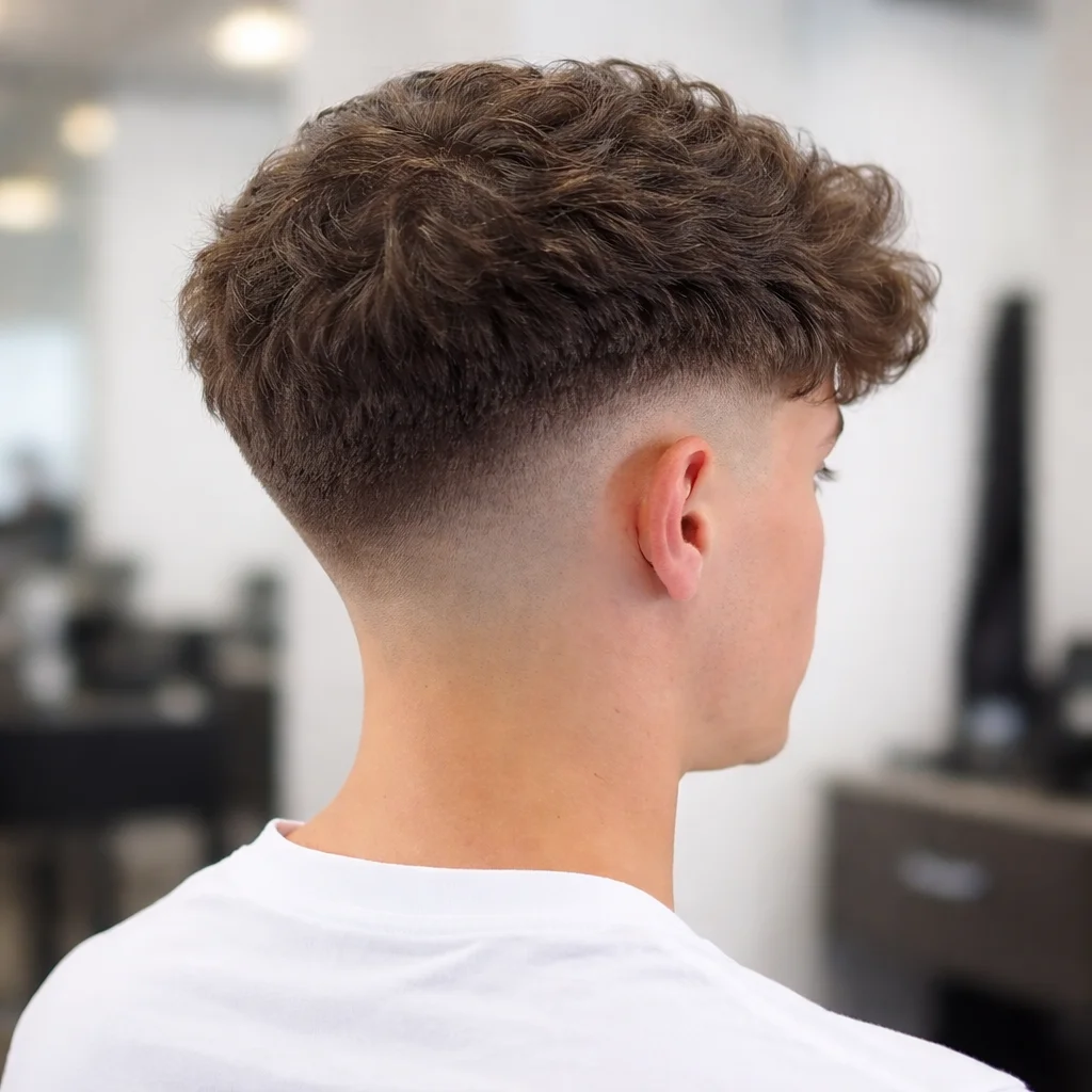 Potongan rambut mid drop fade dengan bagian atas curly bertekstur serta sisi taper rapi, tampilan dari belakang.
