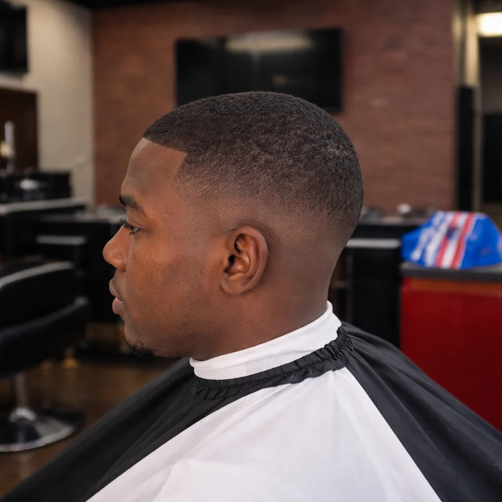 Potongan rambut mid drop fade dengan lineup yang tajam dan taper yang halus, skin fade yang rapi pada rambut pendek, tampilan profil samping di barbershop modern.

