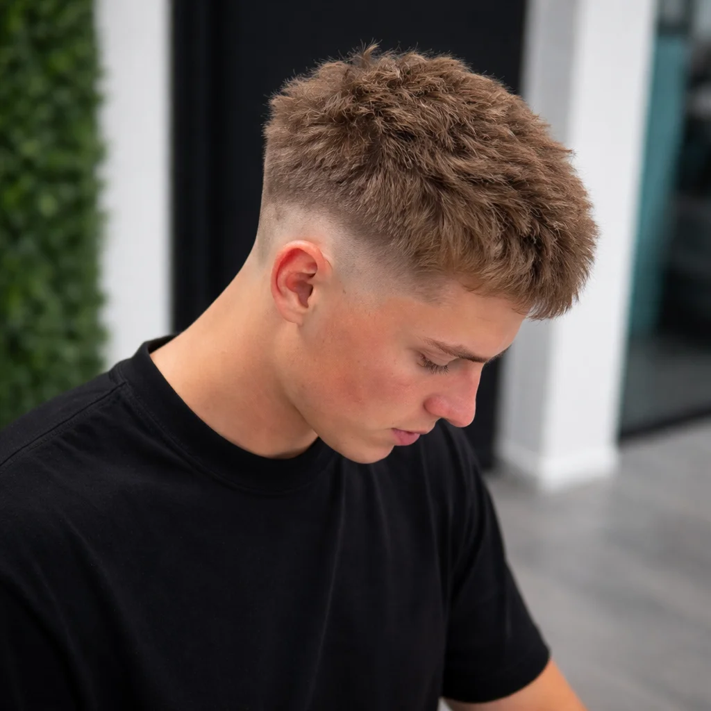 Close-up seorang pemuda dengan bagian atas rambut bertekstur dan potongan low fade yang rapi, menunduk, menampilkan gaya rambut fade modern di suasana barbershop.

