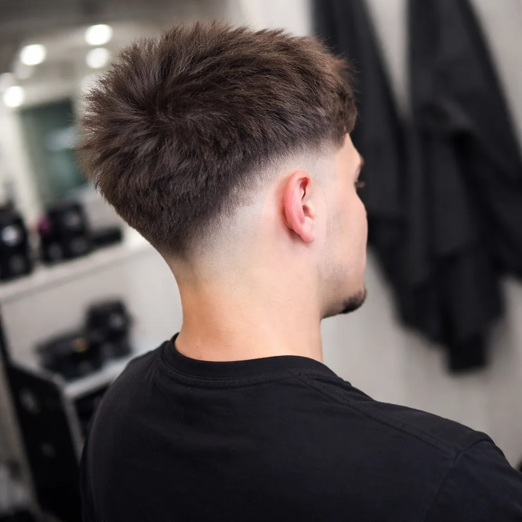 Potongan rambut mid drop fade bertekstur pada seorang pemuda, menampilkan skin fade yang halus dengan rambut tebal bertekstur di bagian atas, diambil dari tampilan belakang dalam suasana barbershop modern.
