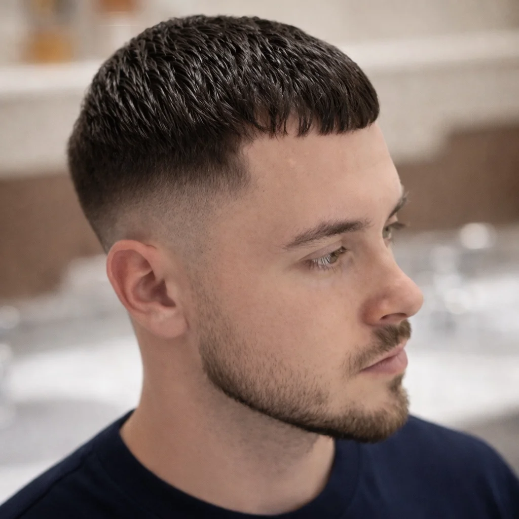 Pria dengan potongan rambut mid fade gaya Caesar dan poni pendek bertekstur, skin fade yang rapi dengan garis janggut yang tajam, gaya rambut pria modern tampilan profil samping – fadehaircut.blog
