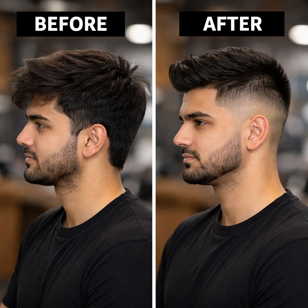 Mid fade haircut before and after transformation with textured top and sharp side fade for men