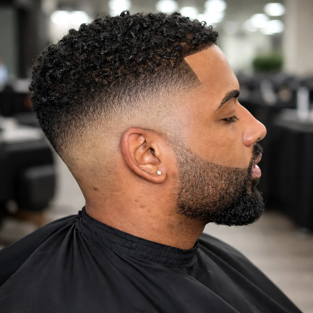 Potongan rambut low fade keriting dengan garis lineup yang tajam serta perpaduan janggut yang rapi, tampilan profil samping seorang pria di barbershop modern dengan gradasi fade halus dan rambut keriting bertekstur di bagian atas.
