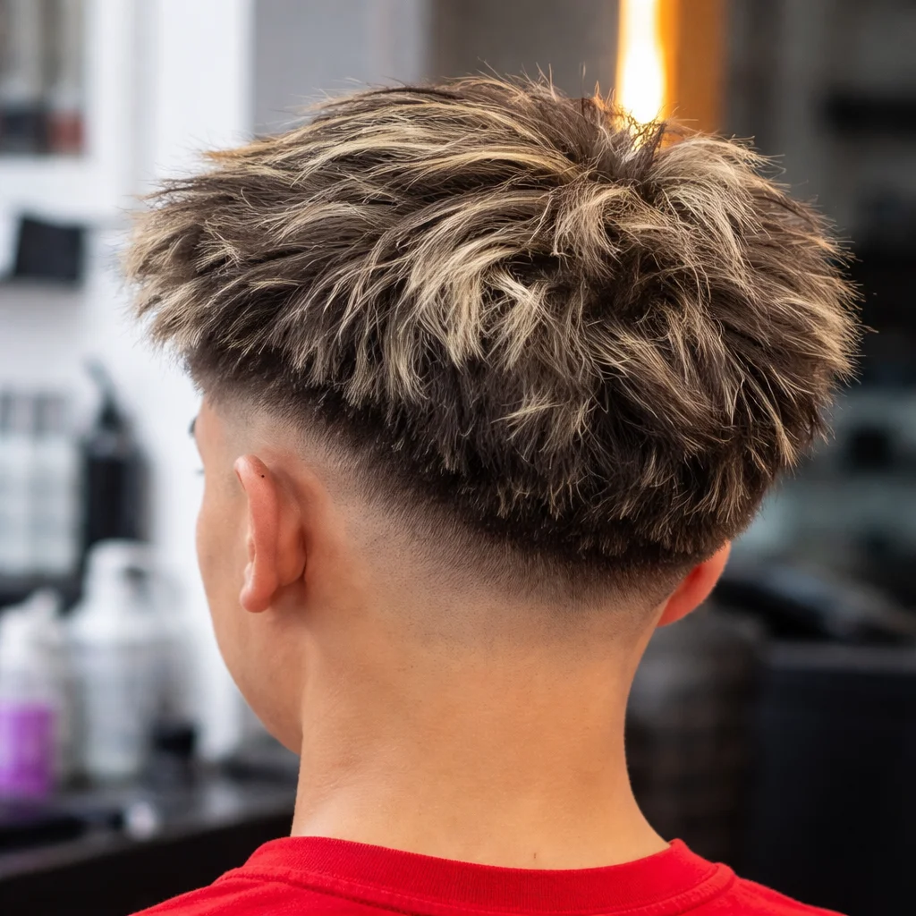 Tampilan belakang seorang pemuda dengan bagian atas rambut bertekstur berantakan dan potongan low skin fade yang rapi, menonjolkan gradasi halus dan hasil akhir yang tajam di suasana barbershop modern.
