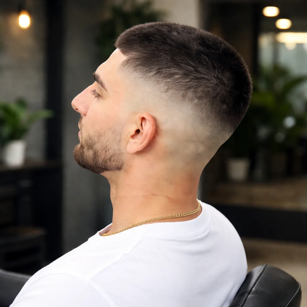 Profil samping seorang pria dengan potongan rambut low fade yang tajam dan janggut yang terawat rapi di suasana barbershop modern.
