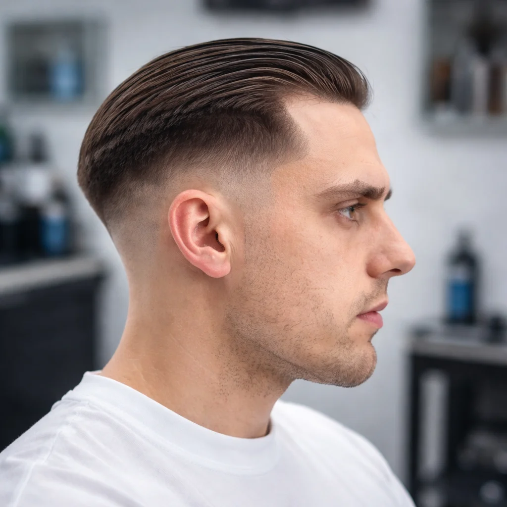 Profil samping seorang pria dengan potongan rambut comb back fade yang rapi, menampilkan mid fade yang halus dan rambut slicked-back yang ditata kemas di suasana barbershop modern.
