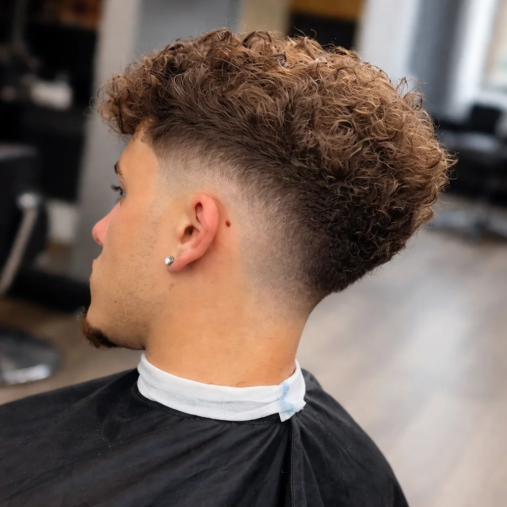 Tampilan belakang potongan rambut curly top fade dengan low skin fade, gaya rambut keriting pria modern dengan fade yang rapi.
