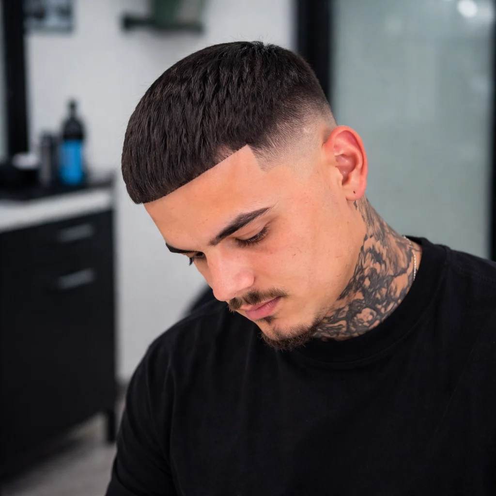 Close-up seorang pria dengan potongan rambut Edgar mid fade yang tajam, menampilkan poni lurus, skin fade yang rapi, serta tato leher yang detail di suasana barbershop modern.
