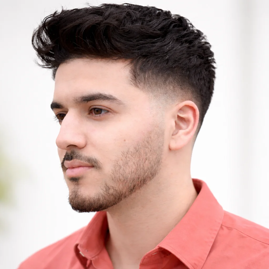 Potongan rambut low fade dengan bagian atas bergelombang bertekstur dan janggut alami, ditata rapi pada latar belakang terang yang bersih.
