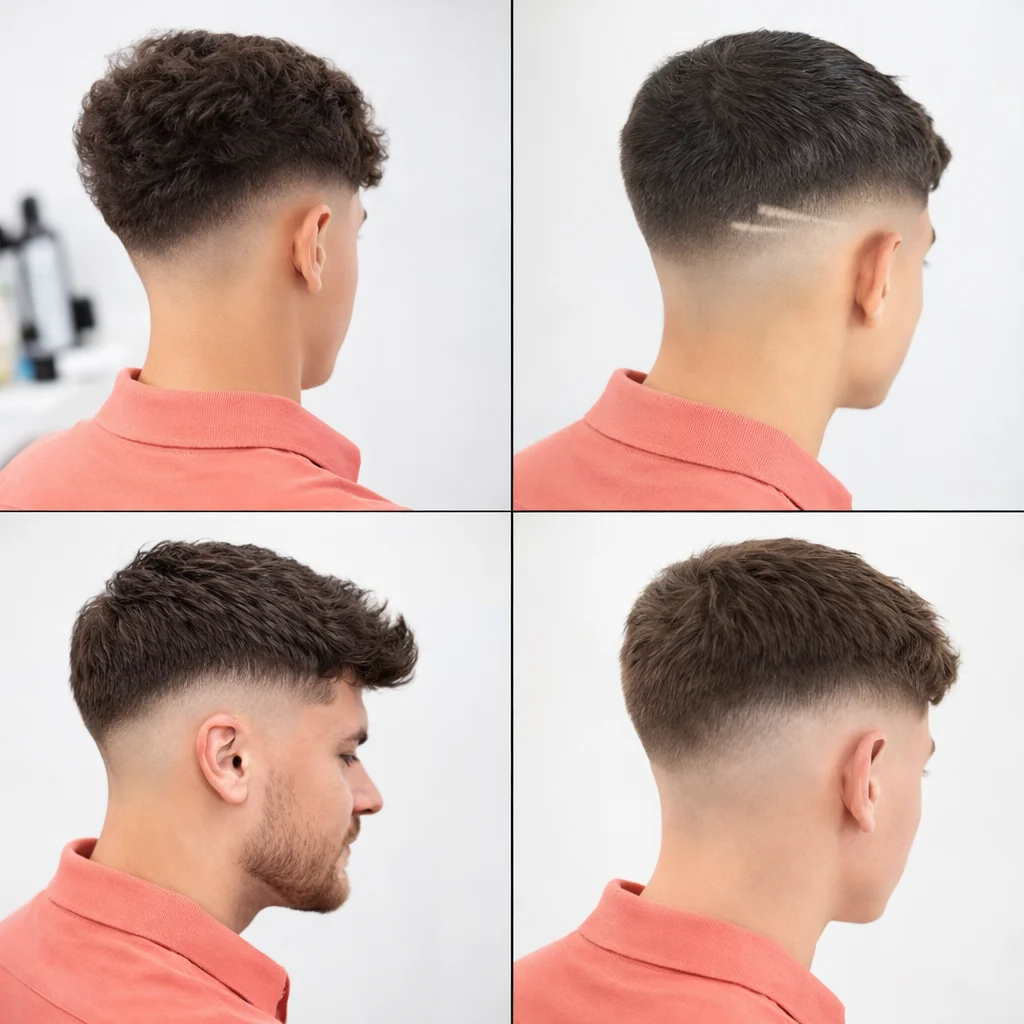 Kolase gaya potongan rambut mid fade yang menampilkan tampilan belakang dan samping dengan gradasi halus serta bagian atas bertekstur pada latar belakang terang yang bersih.
