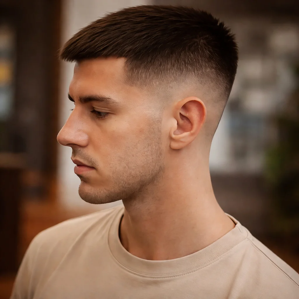 Pria dengan potongan rambut mid fade yang rapi dan bagian atas pendek bertekstur, tampilan profil samping dengan gradasi skin fade yang halus serta gaya rambut natural untuk pria modern – fadehaircut.blog
