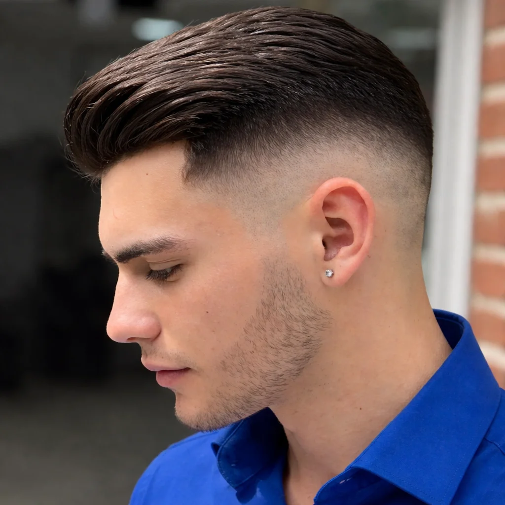 Profil samping seorang pemuda dengan gaya rambut sleek pompadour dan mid fade yang rapi, menampilkan gradasi halus dan hasil akhir yang tajam, ditata di suasana barbershop modern.

