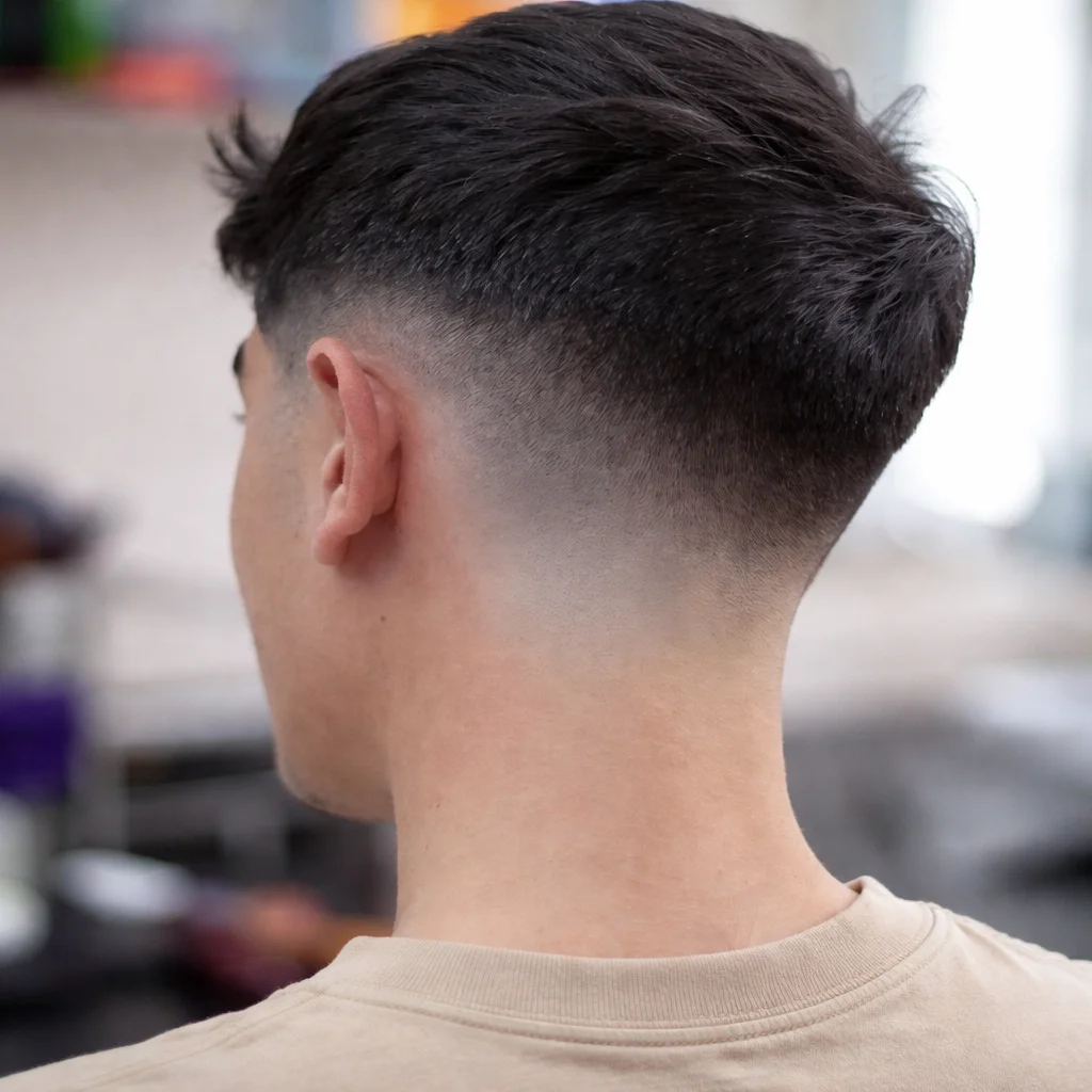 Tampilan belakang potongan rambut low taper fade dengan gradasi skin fade yang halus dan bagian atas pendek bertekstur, garis leher yang rapi dengan fade bersih untuk gaya rambut pria modern – fadehaircut.blog
