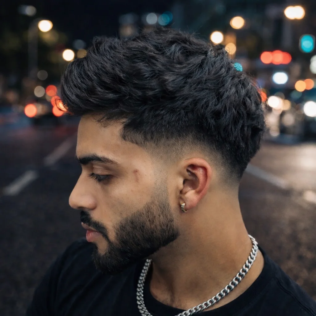 Close-up profil samping seorang pemuda dengan potongan rambut mid fade modern, bagian atas bertekstur, dan janggut yang rapi, ditata untuk tampilan fade haircut yang trendi dengan latar belakang kota malam yang blur.
