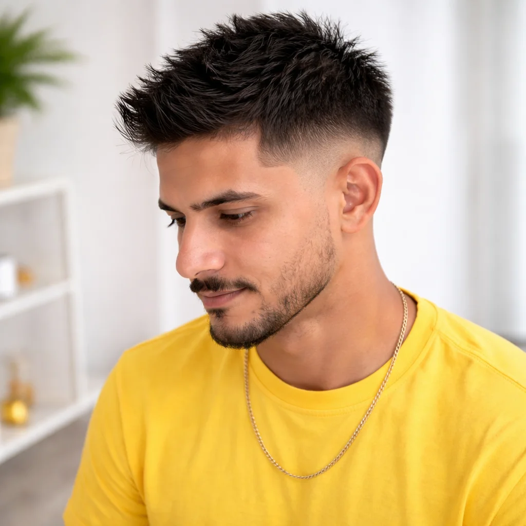 Potongan rambut low skin fade dengan bagian atas pendek berduri dan janggut yang rapi, ditata dengan gaya modern pada latar belakang terang.
