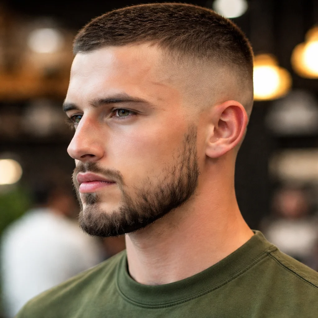 Close-up seorang pemuda dengan potongan buzz cut gaya militer yang rapi dan high fade, dipadukan dengan janggut yang tajam dan terawat, diambil di suasana barbershop modern.
