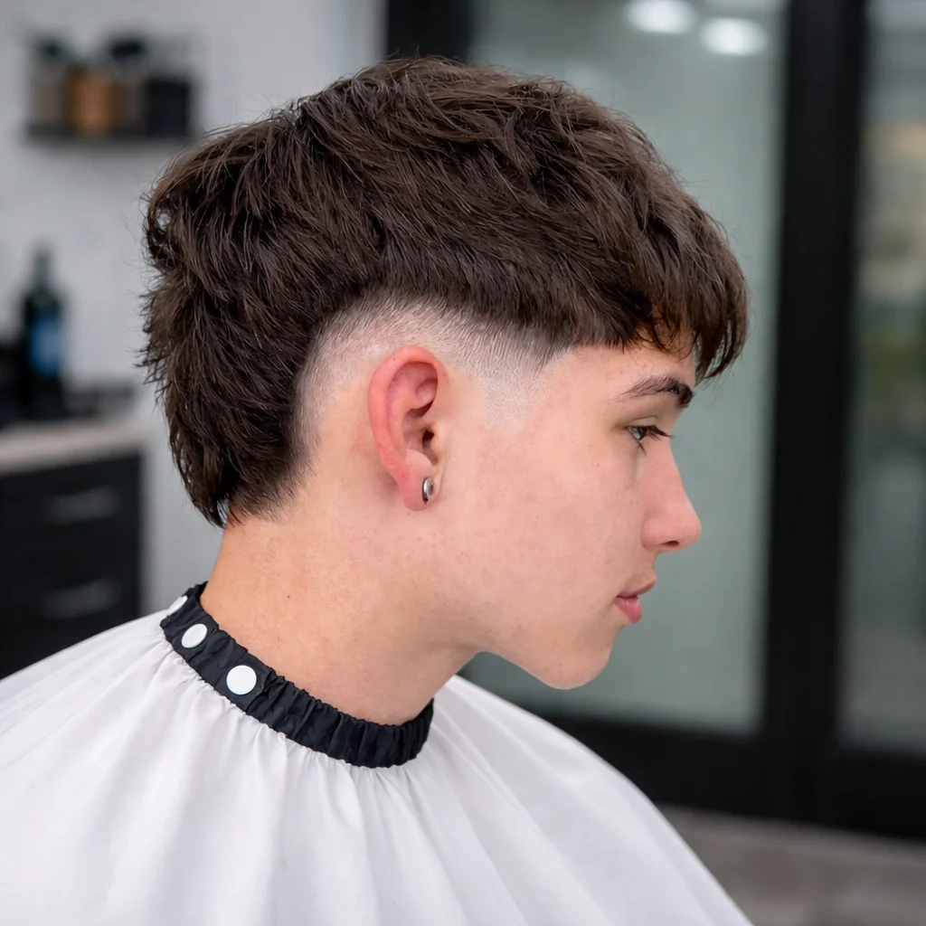 Profil samping seorang pemuda dengan potongan rambut mullet fade modern, menampilkan skin fade yang tajam di sisi serta rambut lebih panjang bertekstur di bagian atas dan belakang, ditata di suasana barbershop yang bersih.
