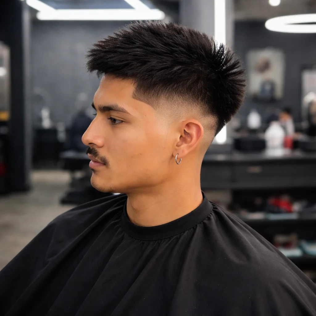 Potongan rambut low fade untuk pria dengan bagian atas bertekstur di barbershop profesional.
