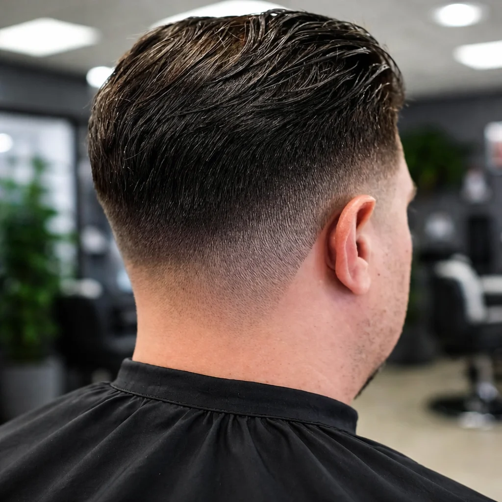 Potongan rambut mid fade yang rapi dengan bagian atas slicked-back bertekstur, tampilan belakang di barbershop modern, ditata dengan presisi dan gradasi fade yang halus.
