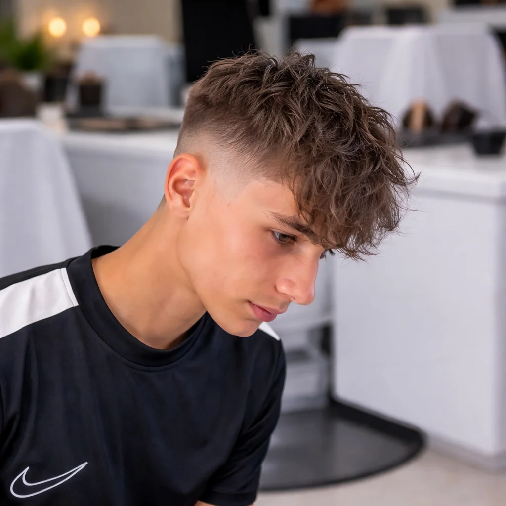 Potongan rambut textured fringe dengan mid fade, bagian atas berantakan bertekstur dan skin fade yang rapi di sisi, gaya rambut pria modern di barbershop.
