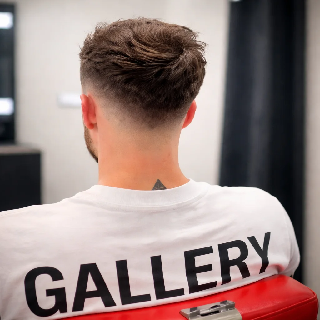 Tampilan belakang potongan rambut low taper fade dengan bagian atas bertekstur, garis leher yang rapi, serta gradasi halus, ditata di kursi barbershop modern.
