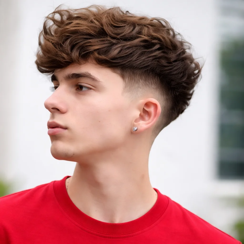 Potongan rambut mid fade dengan bagian atas keriting bertekstur dan taper fade yang tajam, ditata dengan tampilan modern yang bersih.
