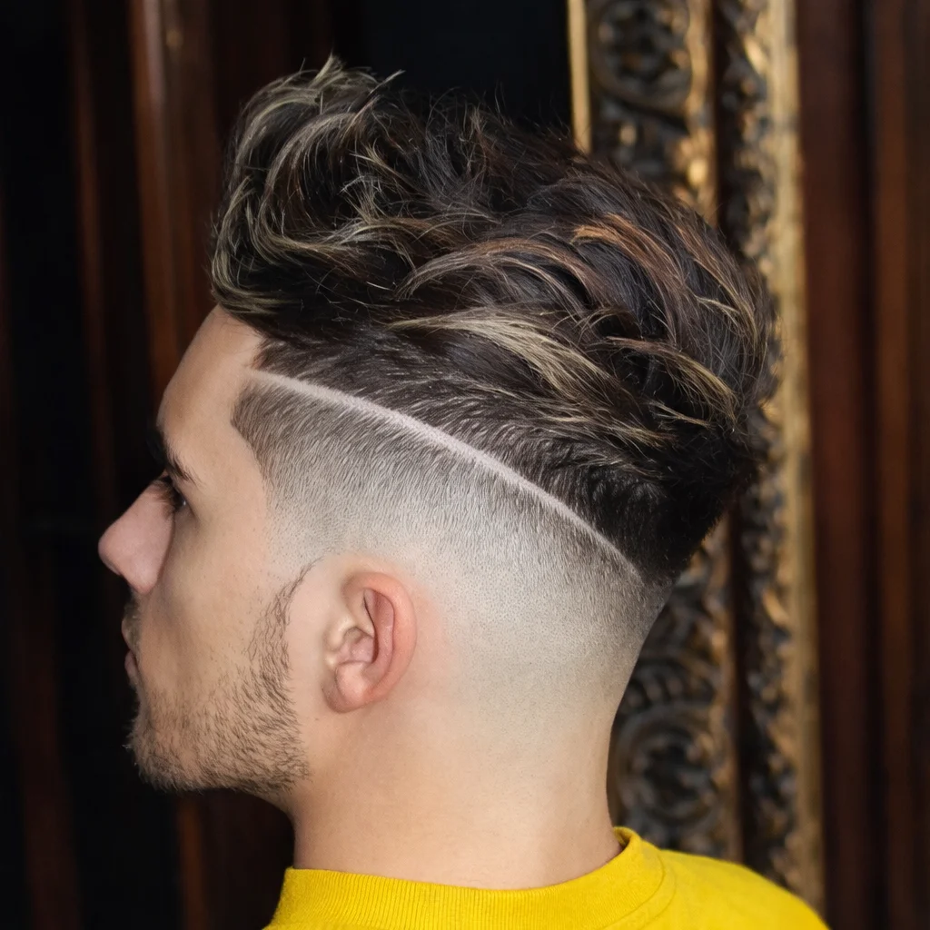 Profil samping seorang pemuda dengan gaya rambut textured quiff dan skin fade yang tajam, dilengkapi garis cukur desain yang rapi serta gradasi halus, ditata di suasana barbershop modern.
