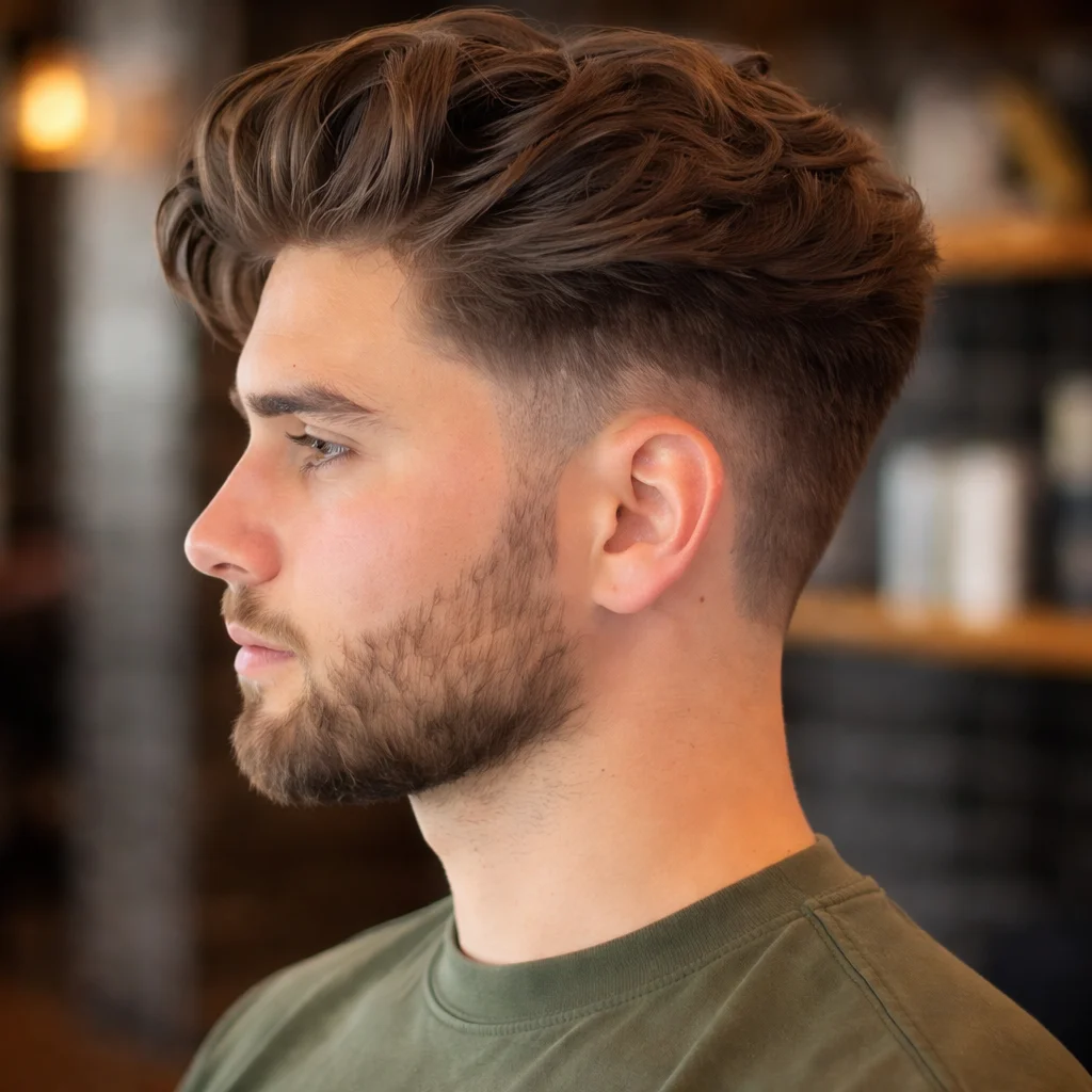 Pria dengan gaya rambut textured quiff dan potongan mid fade, bagian atas bergelombang bervolume dengan sisi yang rapi dan menyatu serta janggut, gaya rambut pria modern dan stylish tampilan profil samping – fadehaircut.blog
