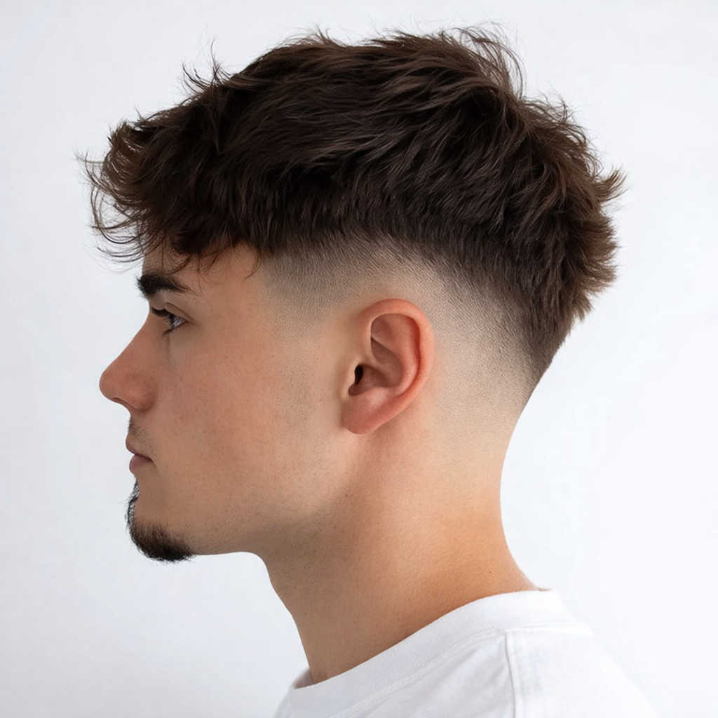 Potongan rambut mid fade dengan bagian atas rambut curly bertekstur untuk pria, dipadukan sisi skin fade yang rapi serta gaya rambut modern dan stylish dengan latar belakang polos.
