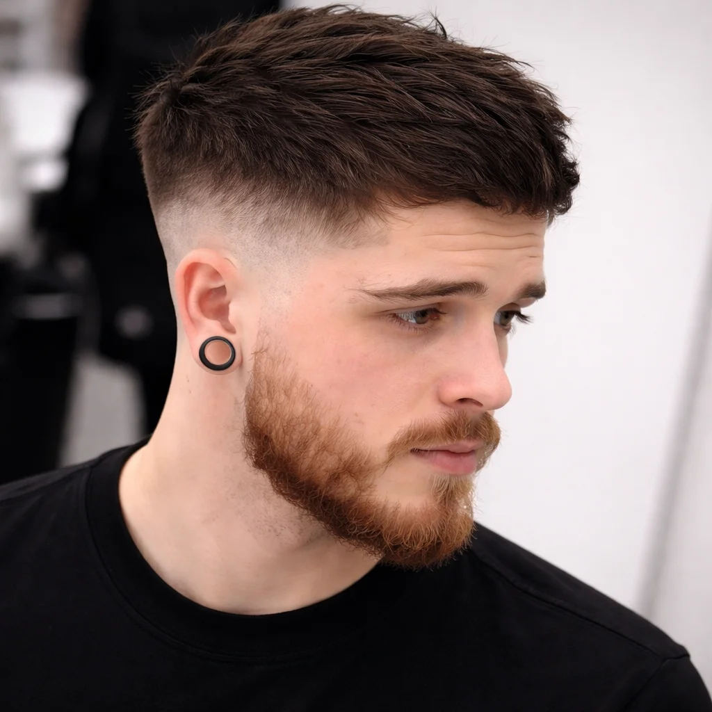 Potongan rambut mid fade untuk pria dengan bagian atas bertekstur dan skin fade yang rapi, gaya rambut modern dan stylish.
