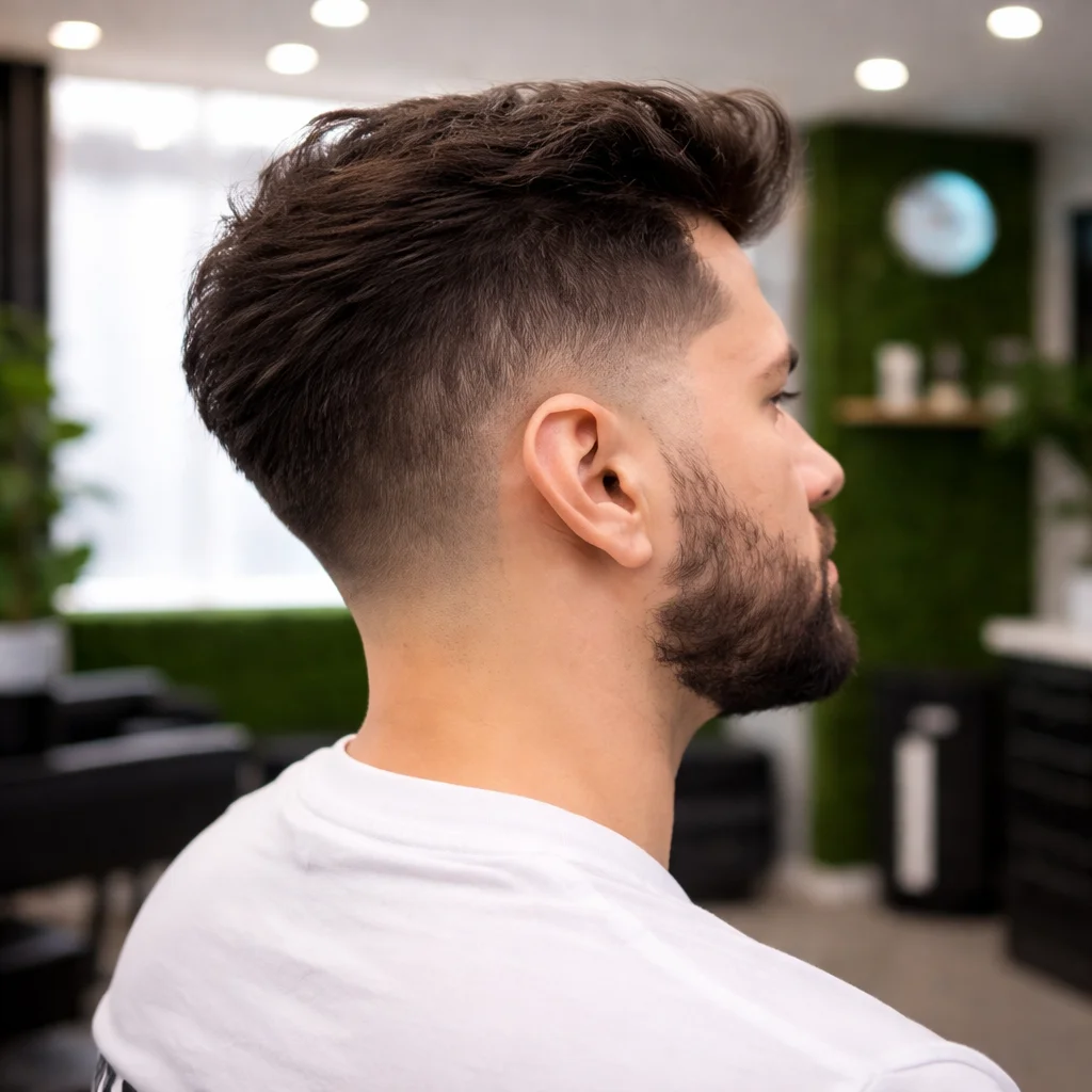 Potongan rambut low taper fade dengan bagian atas bertekstur dan volume alami, gradasi fade yang menyatu rapi dengan janggut, tampilan samping di barbershop modern.
