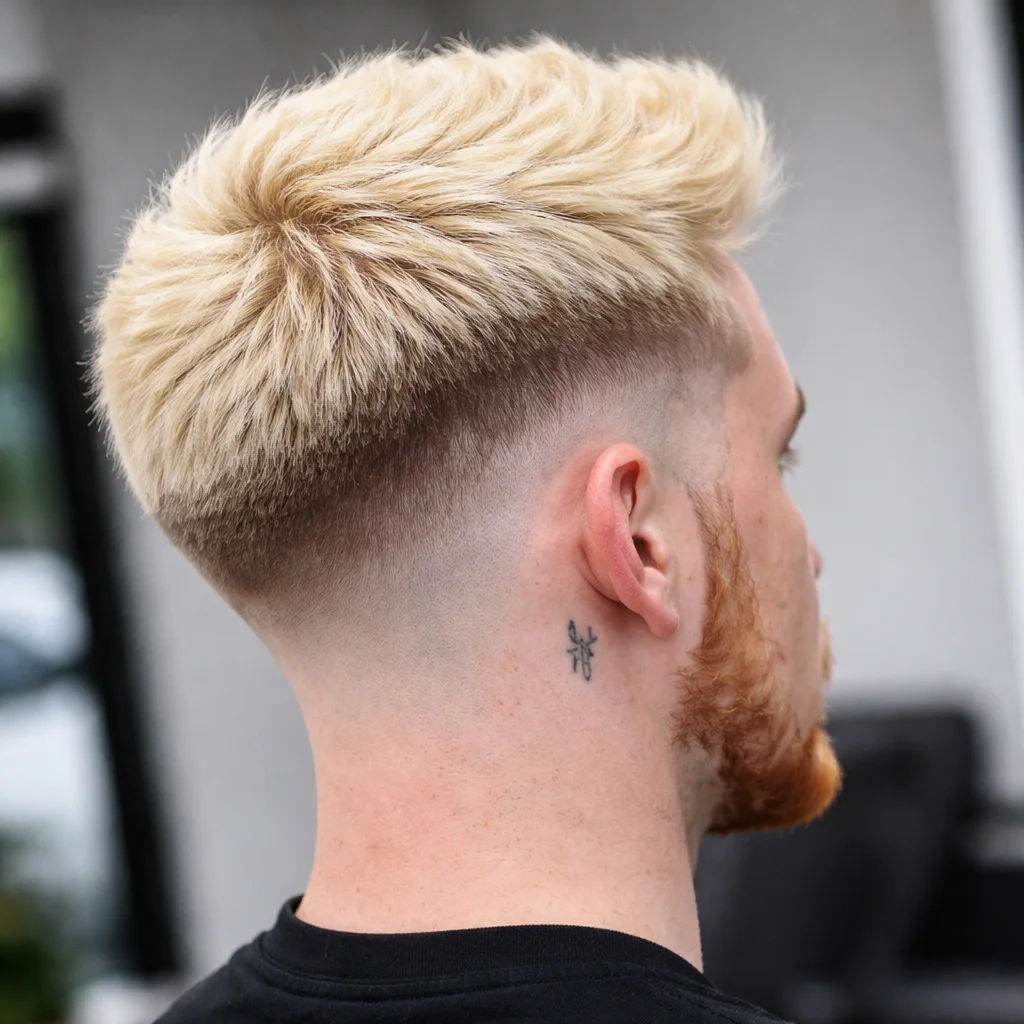 Potongan rambut blonde textured crop fade dengan low skin fade yang halus serta garis leher yang rapi, tampilan sisi belakang gaya rambut di barbershop.
