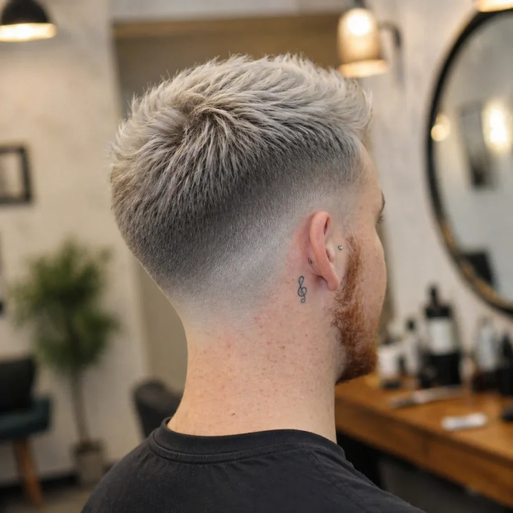 Potongan rambut high skin fade rapi dengan poni pendek bertekstur pada pria muda, tampilan samping yang memperlihatkan perpaduan fade yang tajam di dalam barbershop modern.