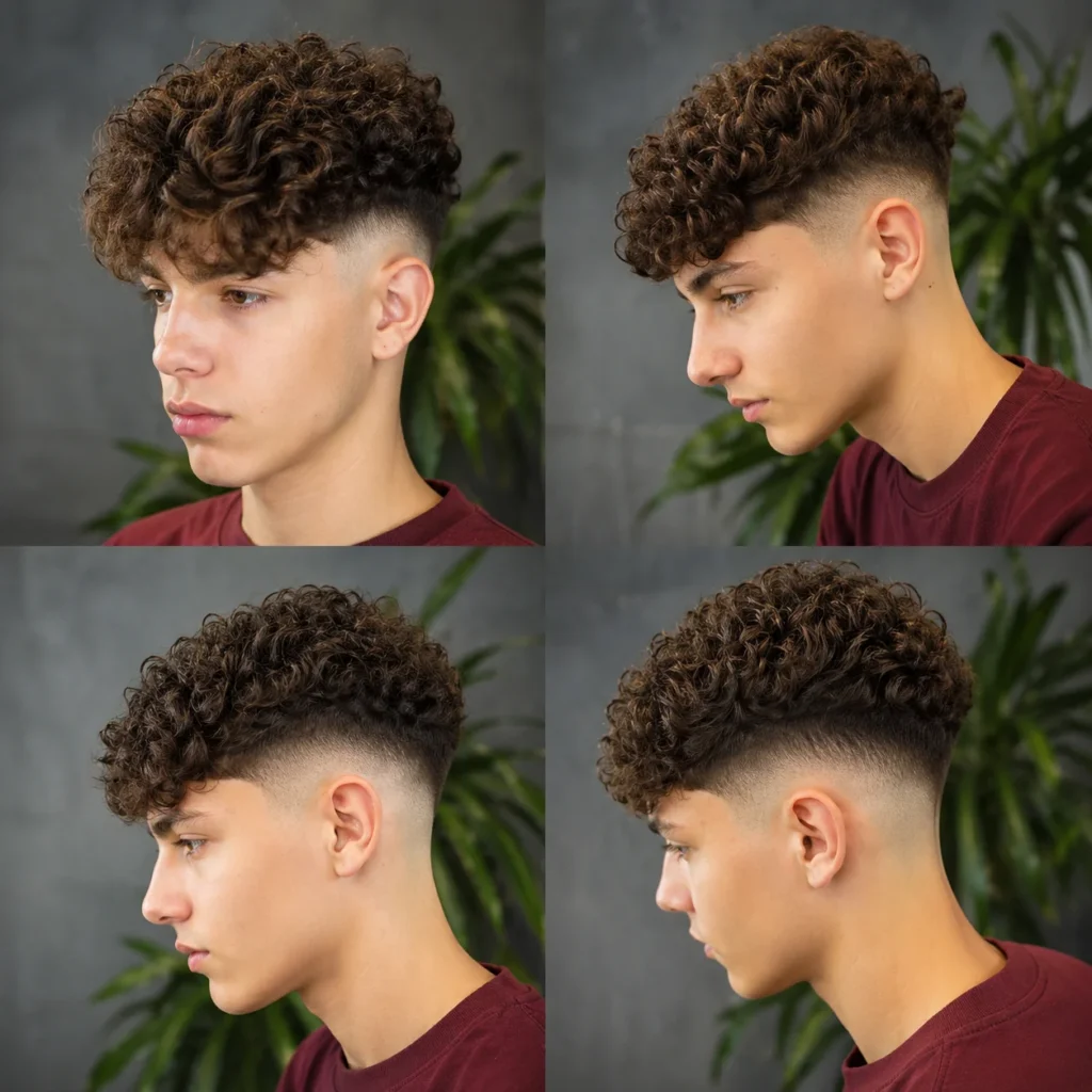 Potongan rambut curly fade untuk pria, menampilkan empat sudut gaya low fade modern dengan bagian atas keriting bertekstur, taper rapi di sisi dan belakang, serta volume alami—inspirasi gaya rambut sempurna untuk tampilan tajam dan stylish.