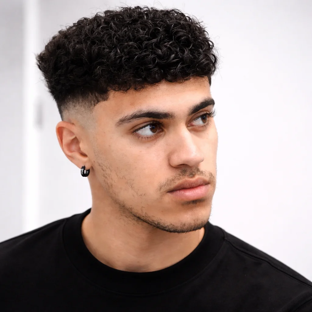 Potongan rambut curly top skin fade untuk pria dengan ikal yang terdefinisi dan low fade yang rapi, inspirasi gaya rambut modern.
