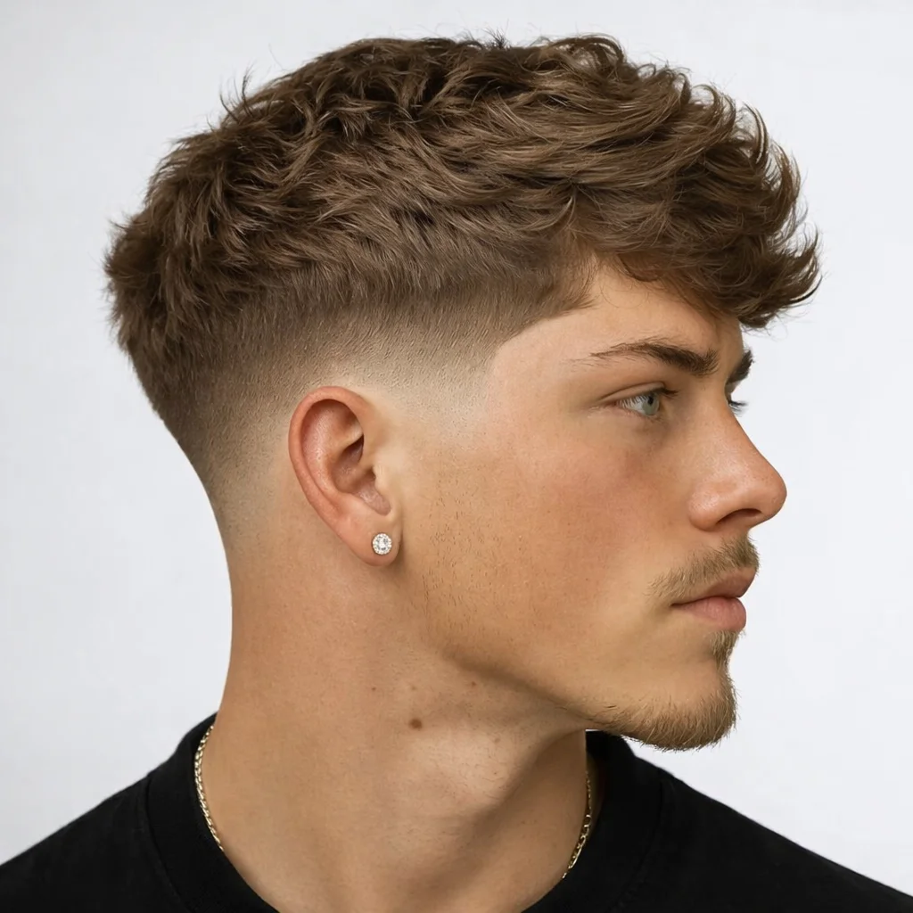 Potongan rambut low fade dengan bagian atas rambut bergelombang bertekstur untuk pria, dipadukan sisi skin fade yang rapi serta gaya rambut modern dan stylish dengan latar belakang polos.

