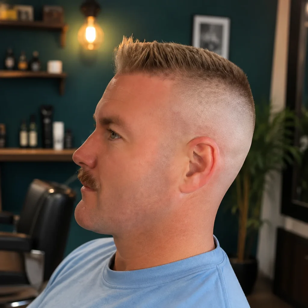 Tampilan close-up profil samping seorang pria dengan potongan rambut mid fade yang rapi dan bagian atas pendek bertekstur, duduk di kursi barbershop dengan janggut yang rapi serta gaya grooming modern, cocok untuk menampilkan gaya rambut fade yang stylish.