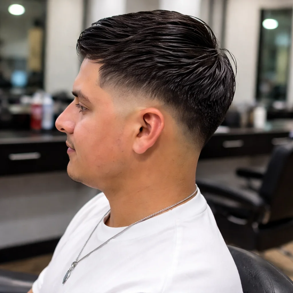 Potongan rambut low skin fade dengan gaya slicked back di bahagian atas untuk lelaki dalam suasana barbershop moden.