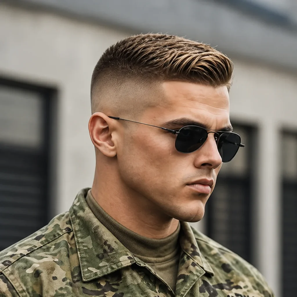 Tampilan profil samping seorang pria muda dengan potongan rambut sharp high fade dan bagian atas pendek bertekstur, mengenakan kacamata hitam dengan gaya rapi bergaya militer, latar belakang outdoor yang blur.