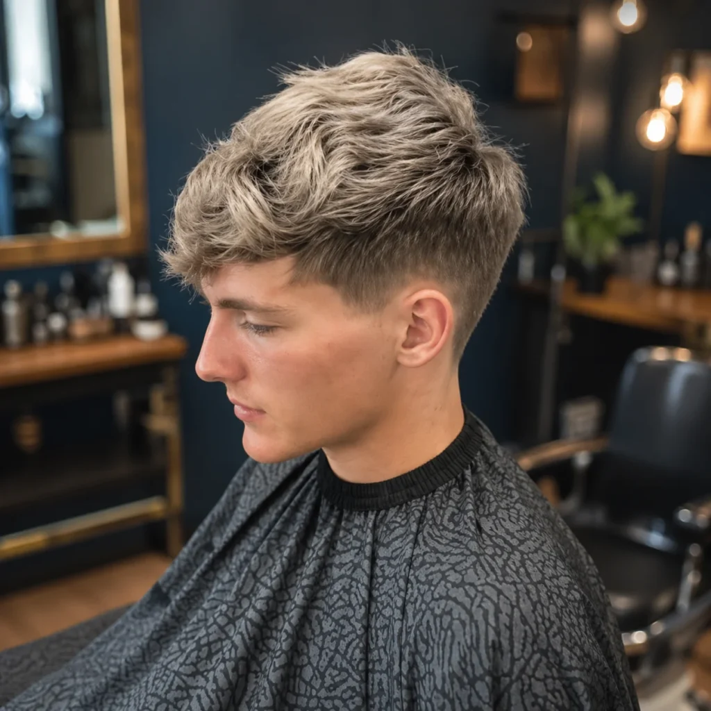 Tampilan profil samping seorang pria muda dengan gaya rambut textured side-swept dan mid fade yang rapi, menampilkan transisi yang halus serta volume alami di bagian atas, duduk di kursi barbershop—contoh sempurna gaya rambut fade modern.