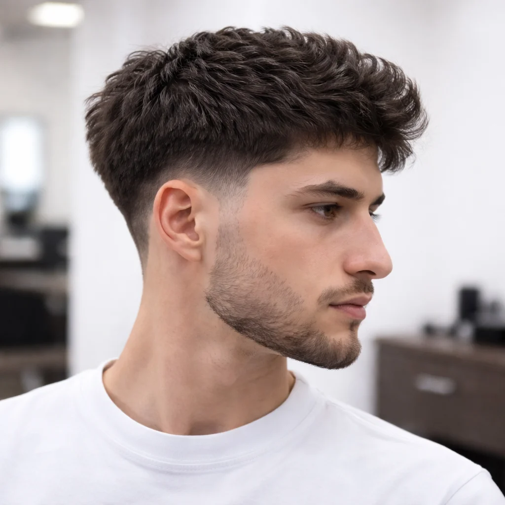 Potongan rambut low fade dengan crop atas bertekstur untuk pria, sisi skin fade yang rapi serta garis janggut yang tajam dengan gaya barbershop modern.
