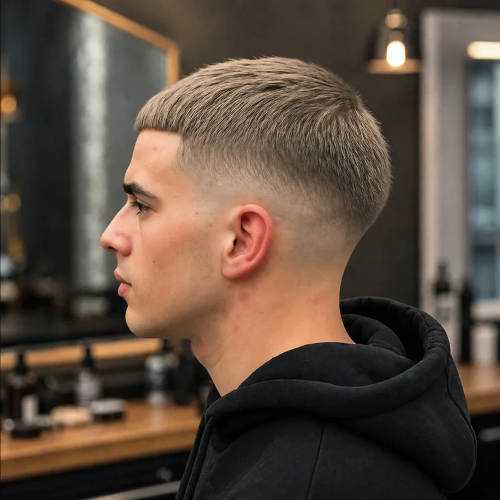 Potongan rambut mid fade dengan crop pendek bertekstur di bagian atas, tampilan profil samping yang rapi dengan perpaduan fade yang halus di dalam barbershop modern, gaya rambut fade yang stylish untuk pria.