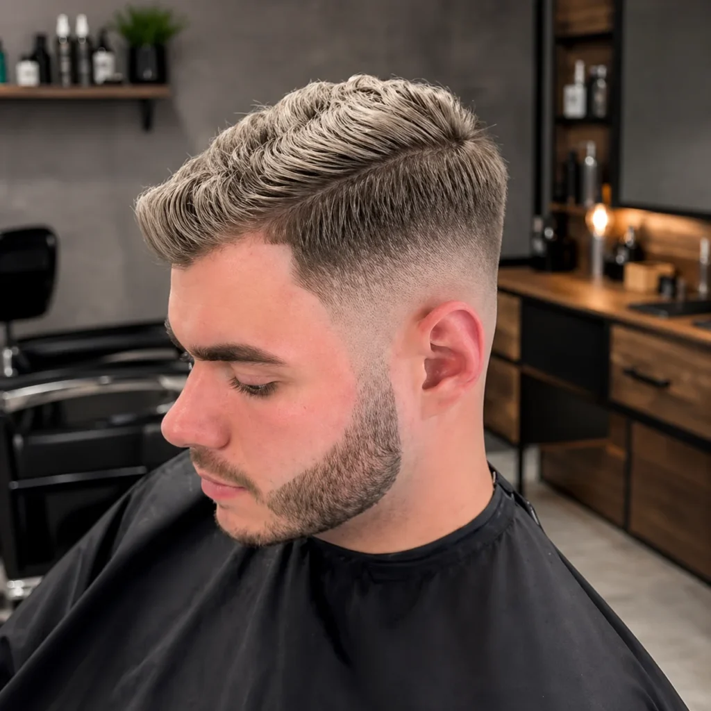 Seorang pria muda dengan potongan rambut clean skin fade dan bagian atas bertekstur, dilengkapi garis janggut yang tajam, duduk di barbershop modern dengan latar belakang yang sedikit blur.