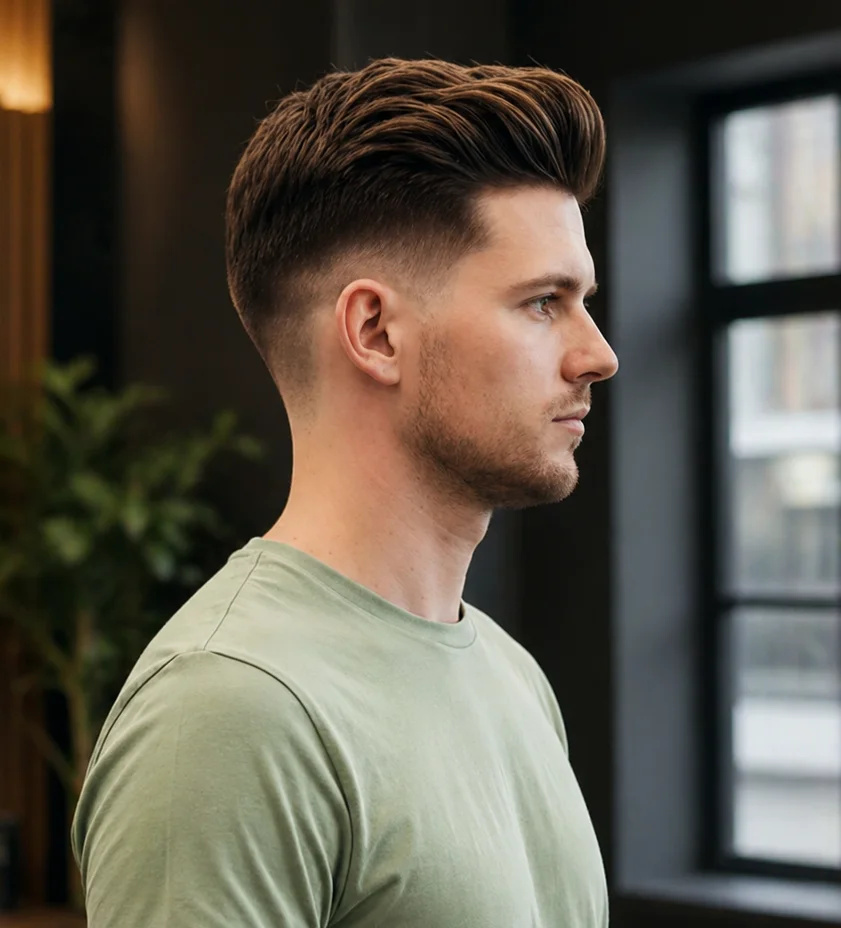 Potongan rambut low fade modern pada pria muda dengan bagian atas bertekstur, mengenakan kaus hijau di dalam barbershop bergaya, contoh sempurna gaya rambut fade trendi untuk pria.