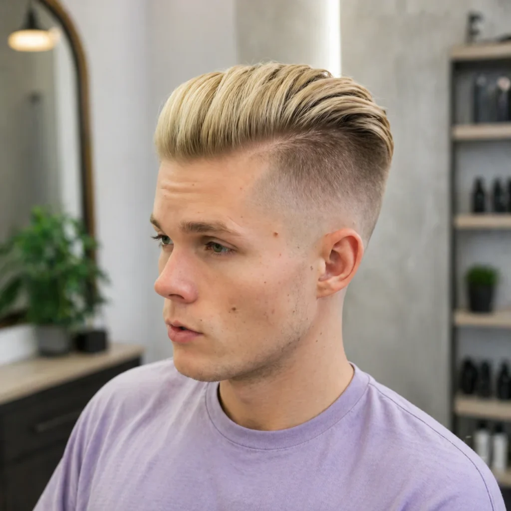 Potret modern yang bersih dari seorang pria muda dengan potongan rambut sharp fade dan quiff pirang yang ditata rapi, menatap ke samping dalam setting indoor minimalis dengan pencahayaan lembut, mengenakan kaus berwarna ungu muda.